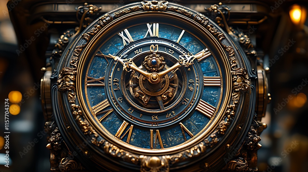 Fototapeta premium Intricate ornate clock face, gold Roman numerals, detailed mechanism.
