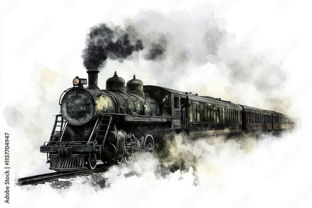 Fototapeta premium Train on rails, industrial transportation, locomotive moving forward