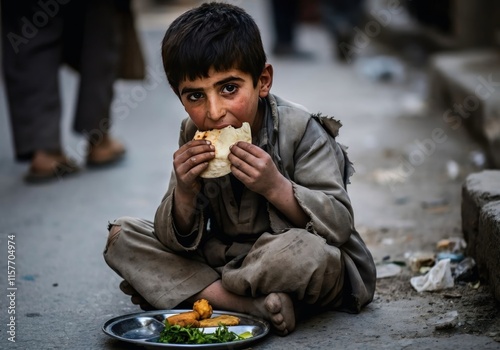 An Iranian boy sits on the ground and eats food from a plate photo