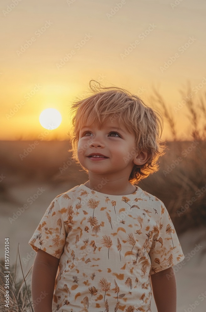 A young boy is standing in a field with a sun in the background A young boy is standing in a field with a sun in the background