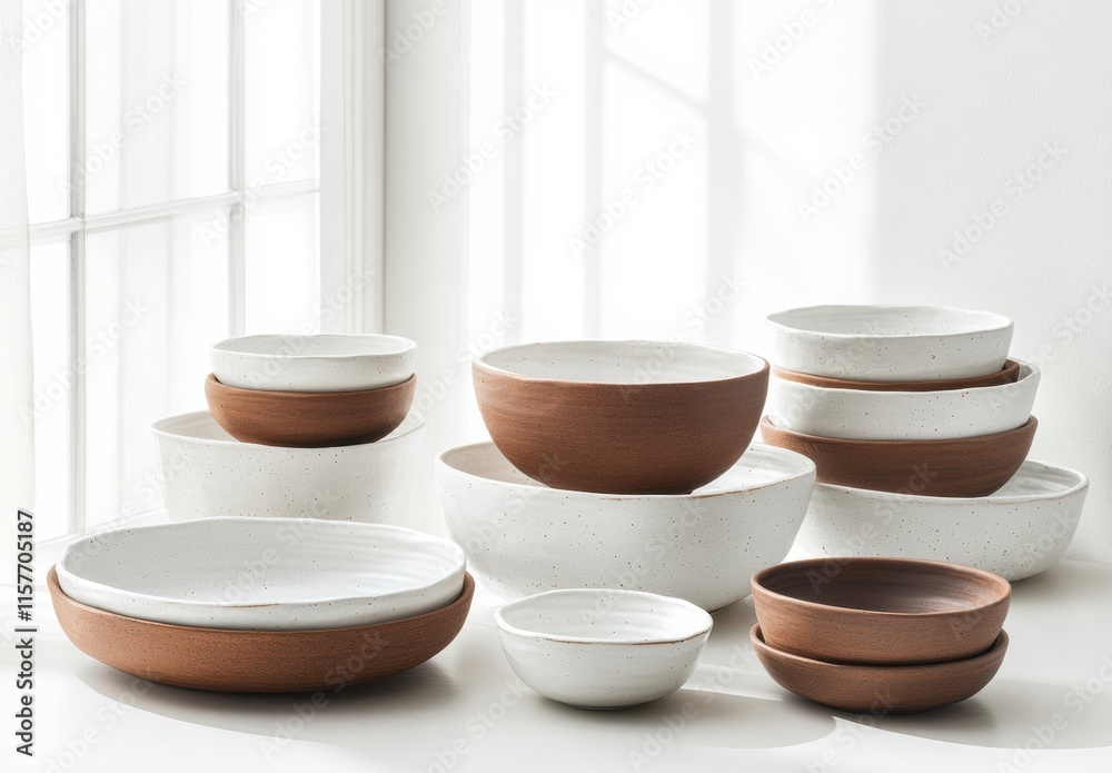 Fototapeta premium A collection of white and brown bowls and plates are arranged on a white table