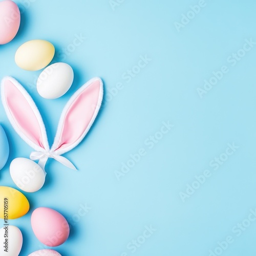 A group of decorated Easter eggs with bunny ears on a bright blue background, perfect for spring or Easter themed projects photo