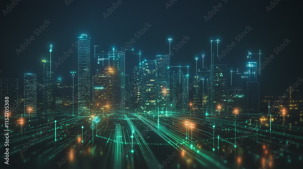 Fototapeta premium Smart digital Innovation city with connection network reciprocity over the cityscape. of future smart wireless digital city and social media networking systems that connects people with in city