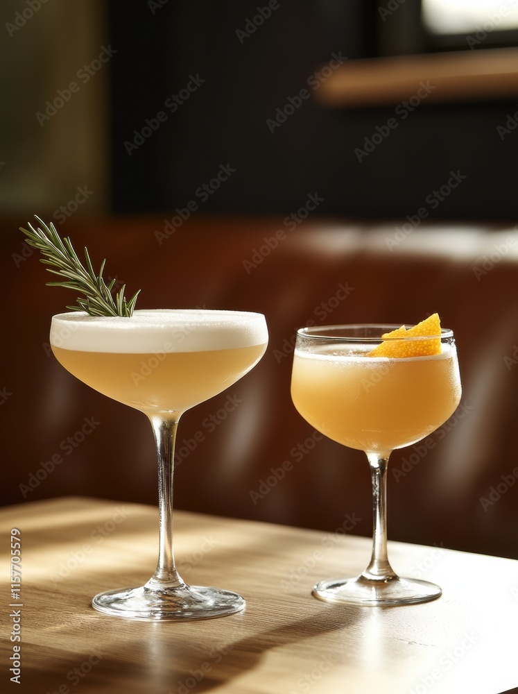 Two glasses of drinks on a table, one with a rosemary garnish Two glasses of drinks on a table, one with a rosemary garnish