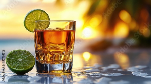 A glass of alcohol with a lime slice on the side, perfect for cocktails or bar scenes