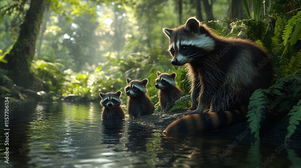 Obraz premium Raccoons Playing by the Water
