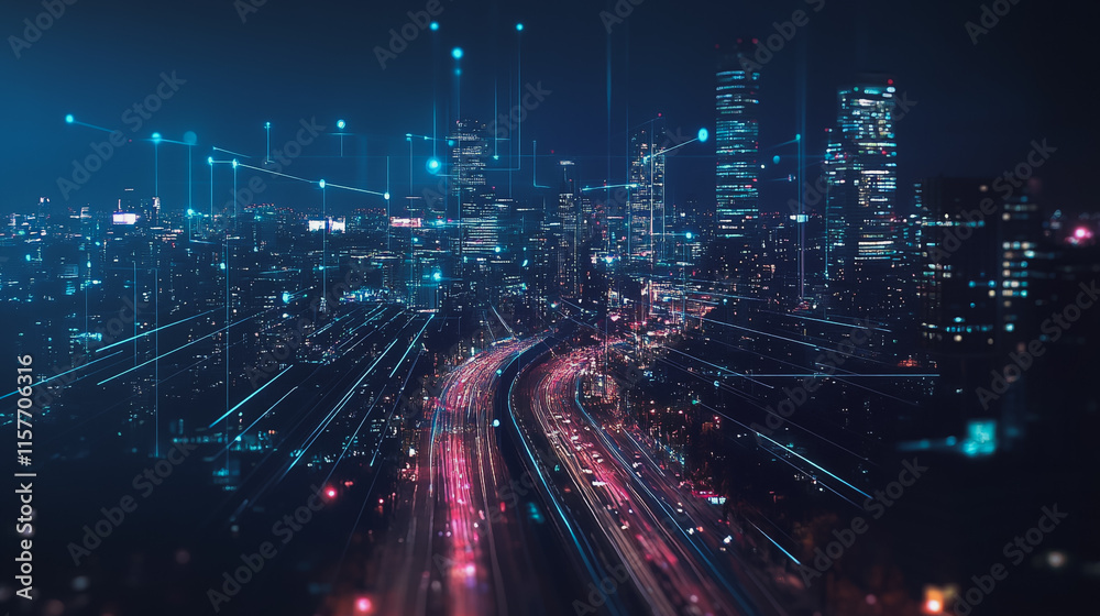 Fototapeta premium Smart digital Innovation city with connection network reciprocity over the cityscape. of future smart wireless digital city and social media networking systems that connects people with in city