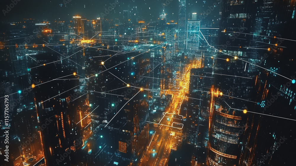 Obraz premium Smart digital Innovation city with connection network reciprocity over the cityscape. of future smart wireless digital city and social media networking systems that connects people with in city