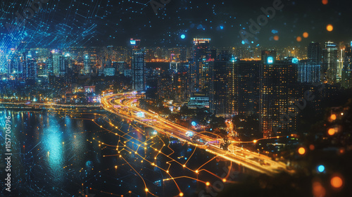 Wallpaper Mural Smart digital Innovation city with connection network reciprocity over the cityscape. of future smart wireless digital city and social media networking systems that connects people with in city Torontodigital.ca