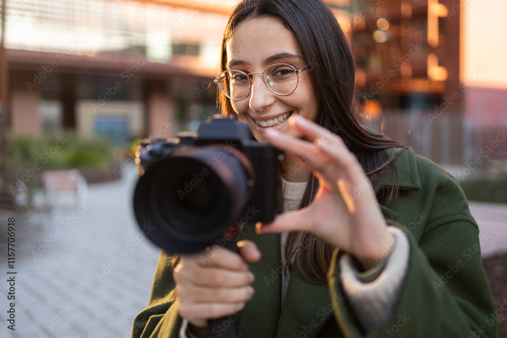 Woman in green coat holding a camera at sunset outdoors Woman in green coat holding a camera at sunset outdoors