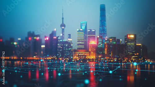 Smart digital Innovation city with connection network reciprocity over the cityscape. of future smart wireless digital city and social media networking systems that connects people with in city