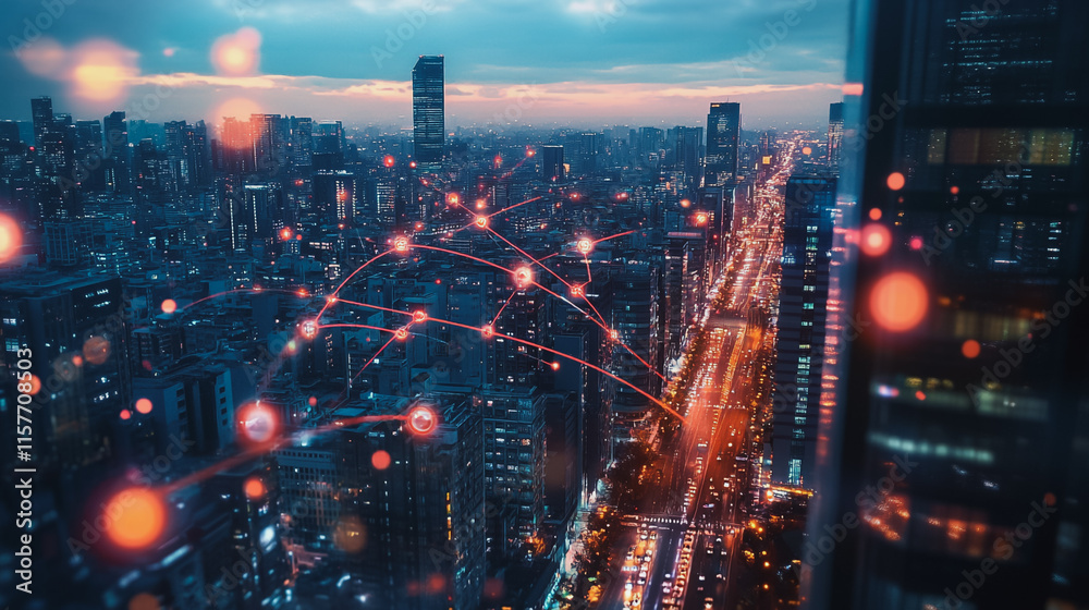 Fototapeta premium Smart digital Innovation city with connection network reciprocity over the cityscape. of future smart wireless digital city and social media networking systems that connects people with in city