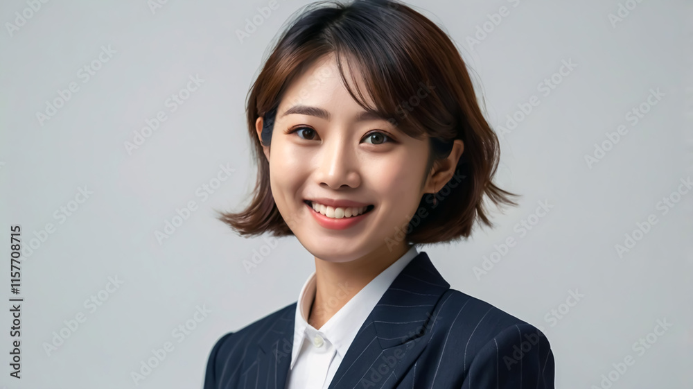 Potrait of Japanese woman short hair wearing formal black suits smiling front camera on white background ai generate