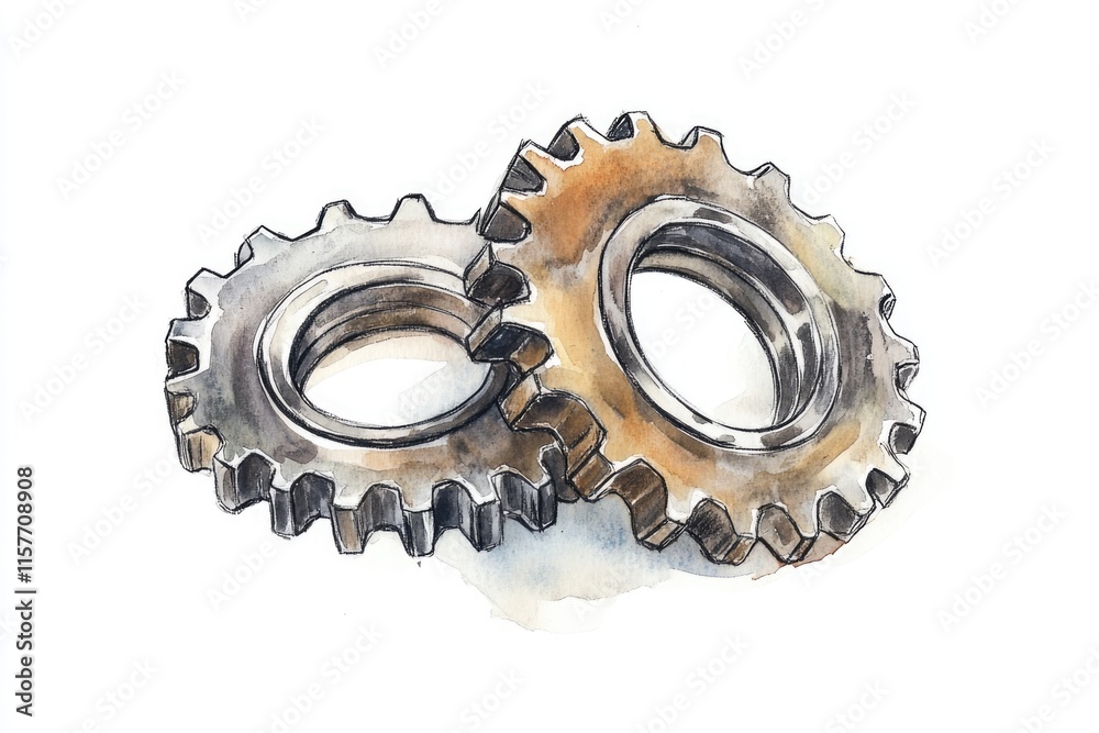 Two interlocking gears on a plain white surface Two interlocking gears on a plain white surface