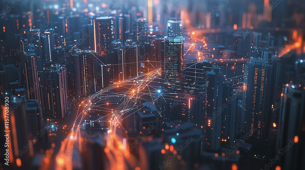 Smart digital Innovation city with connection network reciprocity over the cityscape. of future smart wireless digital city and social media networking systems that connects people with in city Smart digital Innovation city with connection network reciprocity over the cityscape. of future smart wireless digital city and social media networking systems that connects people with in city