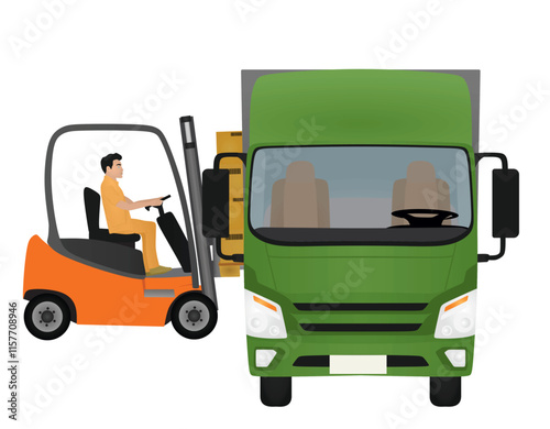 Forklift loading container to delivery truck. vector illustration