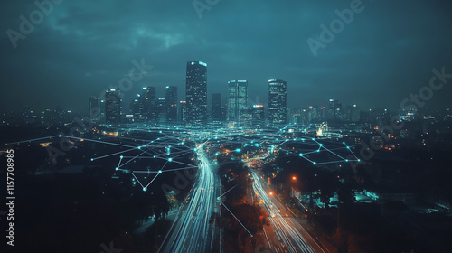 Wallpaper Mural Smart digital Innovation city with connection network reciprocity over the cityscape. of future smart wireless digital city and social media networking systems that connects people with in city Torontodigital.ca