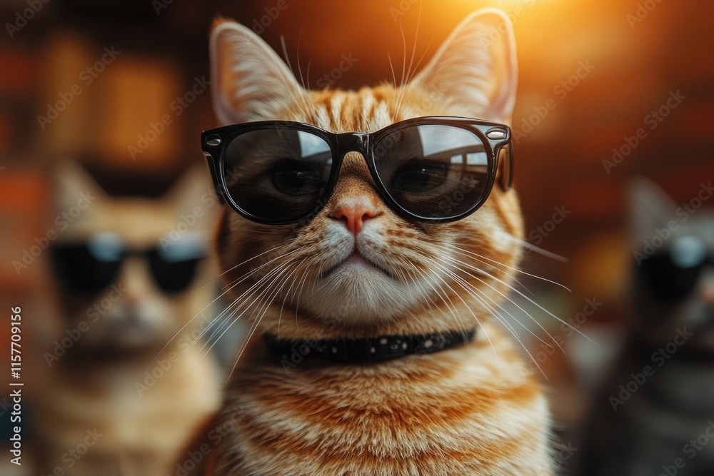A group of cats enjoying leisure time together, one wearing stylish sunglasses A group of cats enjoying leisure time together, one wearing stylish sunglasses