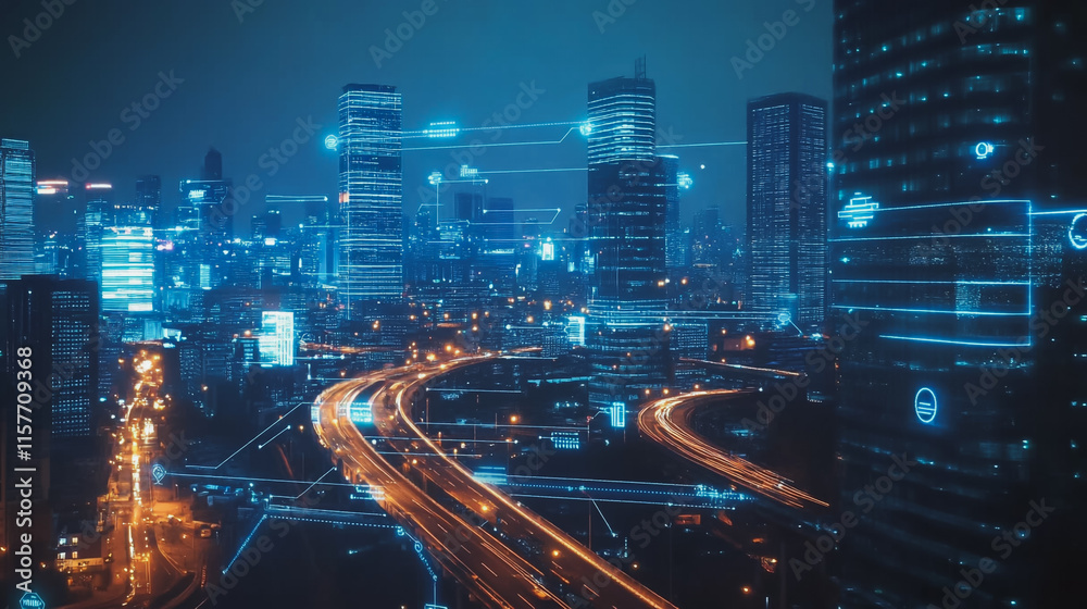 Smart digital Innovation city with connection network reciprocity over the cityscape. of future smart wireless digital city and social media networking systems that connects people with in city Smart digital Innovation city with connection network reciprocity over the cityscape. of future smart wireless digital city and social media networking systems that connects people with in city