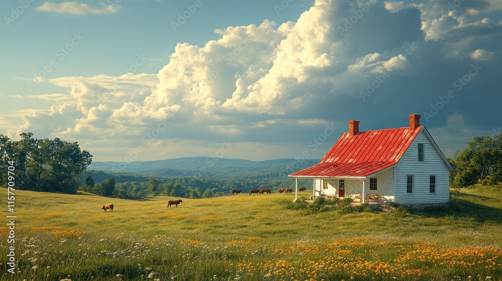 Rustic farmhouse on a hilltop with cows grazing in a field of wildflowers under a dramatic sky. Rustic farmhouse on a hilltop with cows grazing in a field of wildflowers under a dramatic sky.