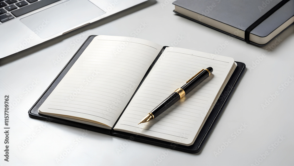 Open notebook with pen on a desk, blank page notebook mockup Open notebook with pen on a desk, blank page notebook mockup