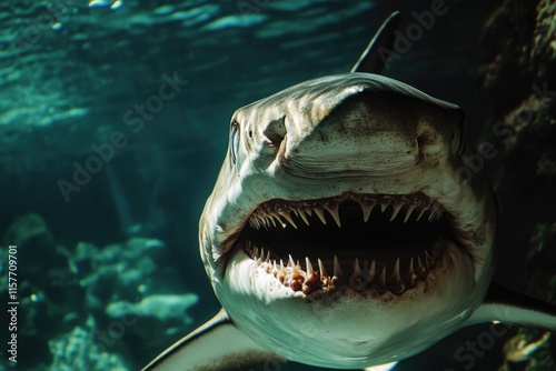 A close-up shot of a shark's mouth open, perfect for illustrations about marine life or ocean-related themes photo