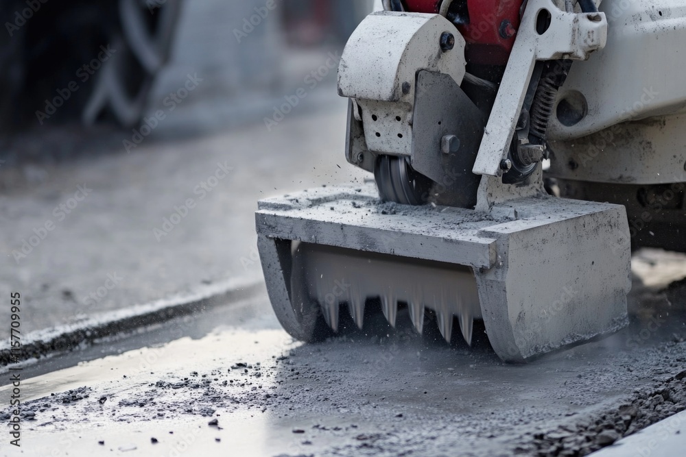 A machine cuts through concrete on a city street A machine cuts through concrete on a city street