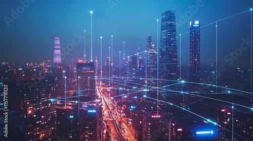 Wallpaper Mural Smart digital Innovation city with connection network reciprocity over the cityscape. of future smart wireless digital city and social media networking systems that connects people with in city Torontodigital.ca