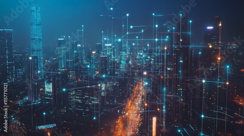 Smart digital Innovation city with connection network reciprocity over the cityscape. of future smart wireless digital city and social media networking systems that connects people with in city