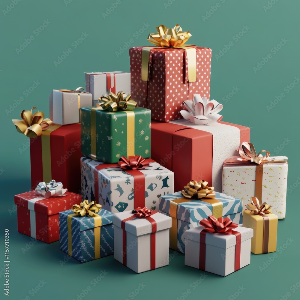 Fototapeta premium A stack of colorful gift boxes decorated with ribbons and bows, perfect for wrapping presents or as a decorative accent