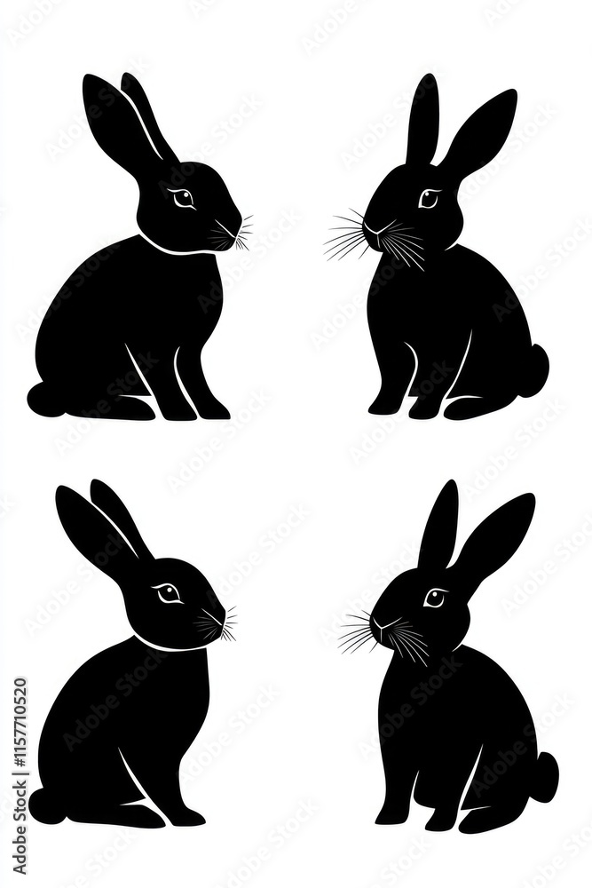Fototapeta premium Four rabbit silhouettes against a white background, great for design and illustration needs