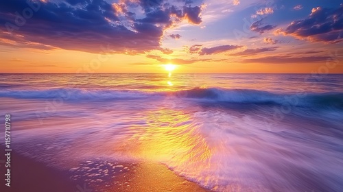 Sunset over the ocean with calm waves, a minimalist scene offering a relaxing view. Macro shot capturing the serene beauty.