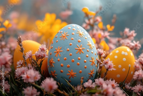 A collection of colorful Easter eggs nestled among blooming flowers, perfect for spring or Easter-themed designs