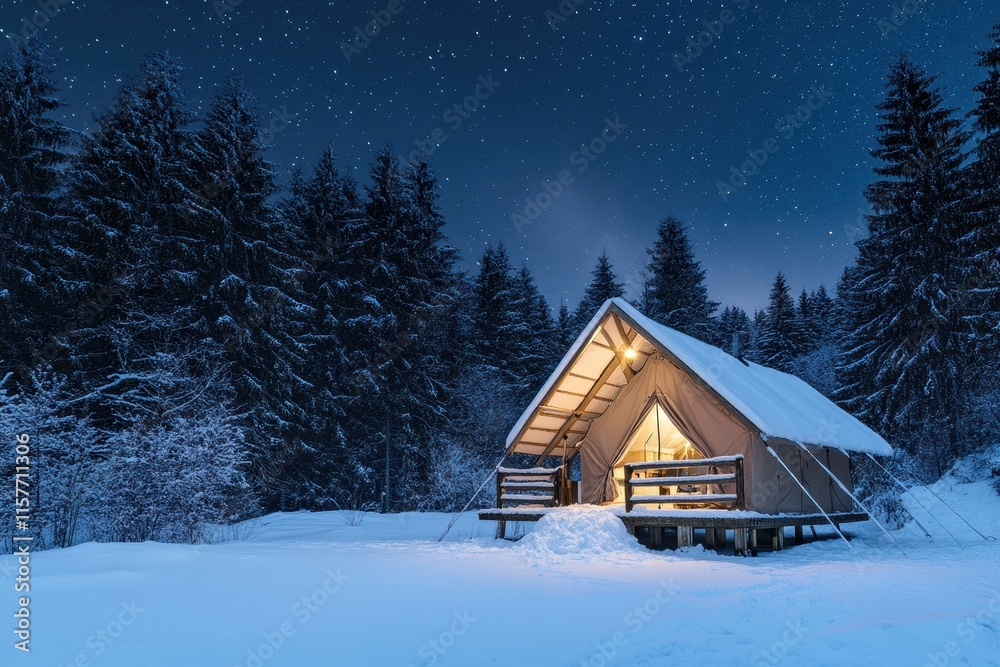 A small cabin is lit up at night, surrounded by trees and snow A small cabin is lit up at night, surrounded by trees and snow