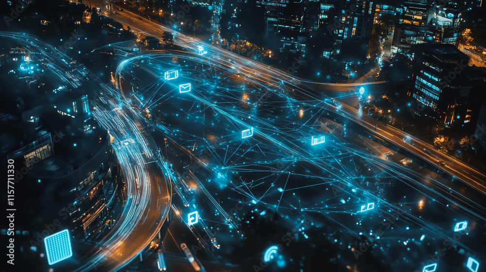 Smart digital Innovation city with connection network reciprocity over the cityscape. of future smart wireless digital city and social media networking systems that connects people with in city