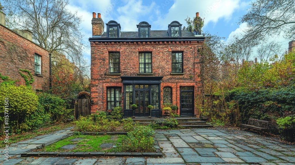 Fototapeta premium Brick Victorian house with garden.