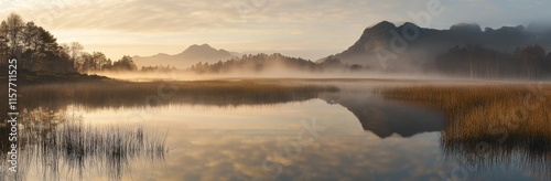 A foggy morning with a lake in the background photo