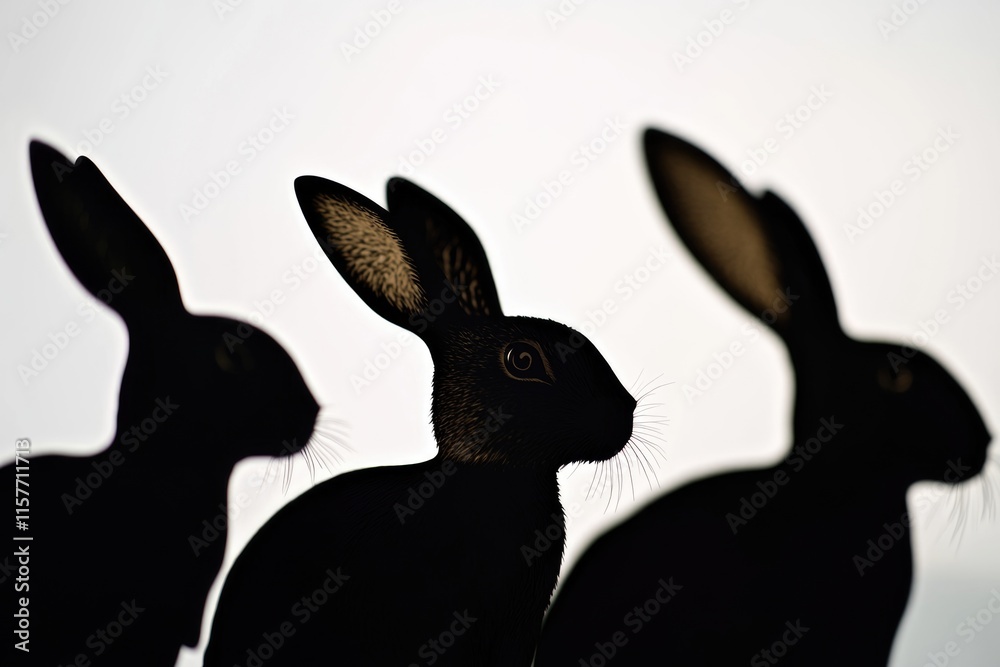 Fototapeta premium Three rabbits sitting together, one standing, illustration