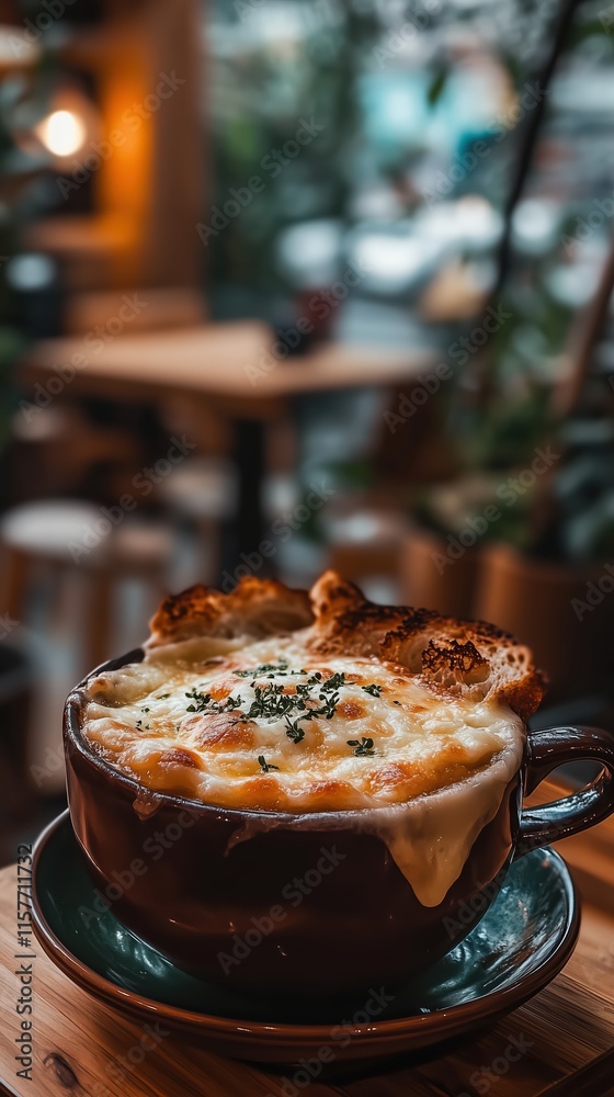 French Onion Soup with Melted Cheese and Crusty Bread in a Rustic Bowl on a Wooden Table in a Cozy Café Environment with Blurred Background French Onion Soup with Melted Cheese and Crusty Bread in a Rustic Bowl on a Wooden Table in a Cozy Café Environment with Blurred Background