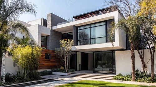The modern facade of a luxury house, showcasing contemporary architecture in Mexico.