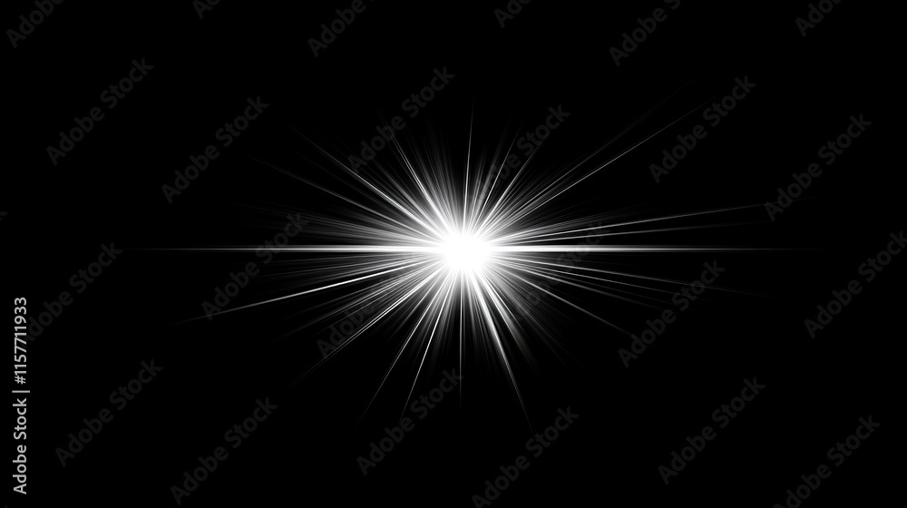 Fototapeta premium A lens flare glow light effect on a black background, featuring rays of light, overlays, or flares. 