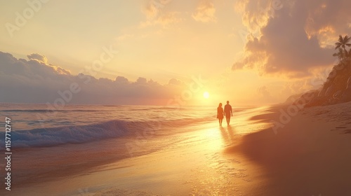 Romantic beach sunset with couple walking on sandy shore photo