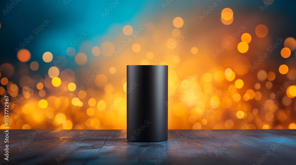 Close-up Photo: Sleek Black Cylinder Mockup Against Vibrant Bokeh Background. AI Generated