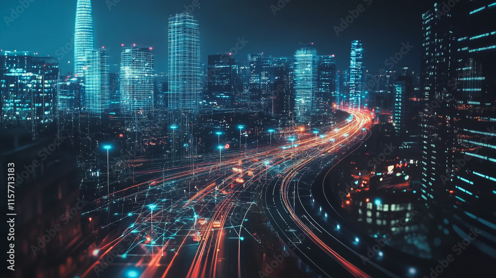Smart digital Innovation city with connection network reciprocity over the cityscape. of future smart wireless digital city and social media networking systems that connects people with in city Smart digital Innovation city with connection network reciprocity over the cityscape. of future smart wireless digital city and social media networking systems that connects people with in city
