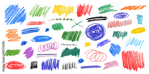 Set of colored squiggles, scribbles, pencil strokes on white paper. Textured vector brushes of various shapes and sizes. Spots with uneven edges, lines, corrections, hatching in different directions.