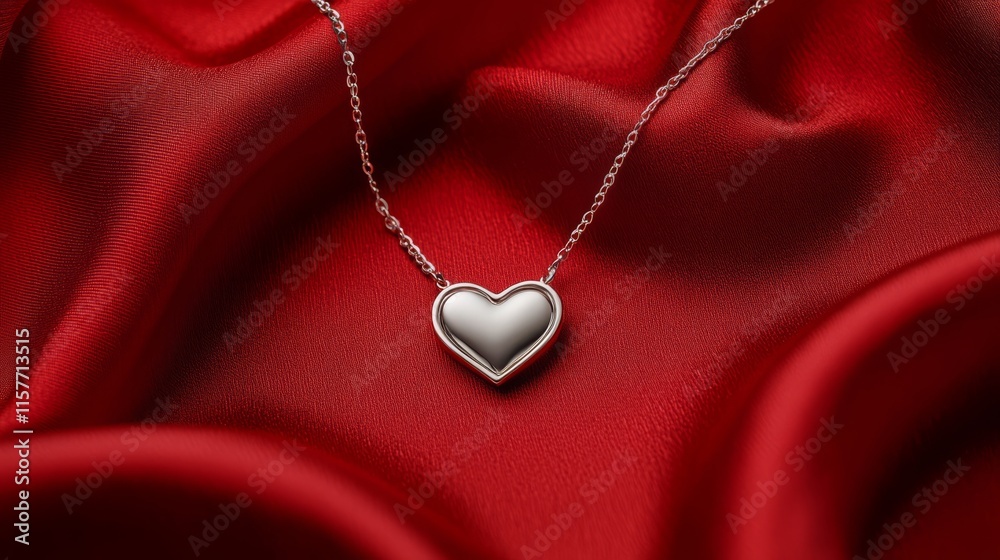 Heart-shaped silver necklace on luxurious red silk fabric Heart-shaped silver necklace on luxurious red silk fabric