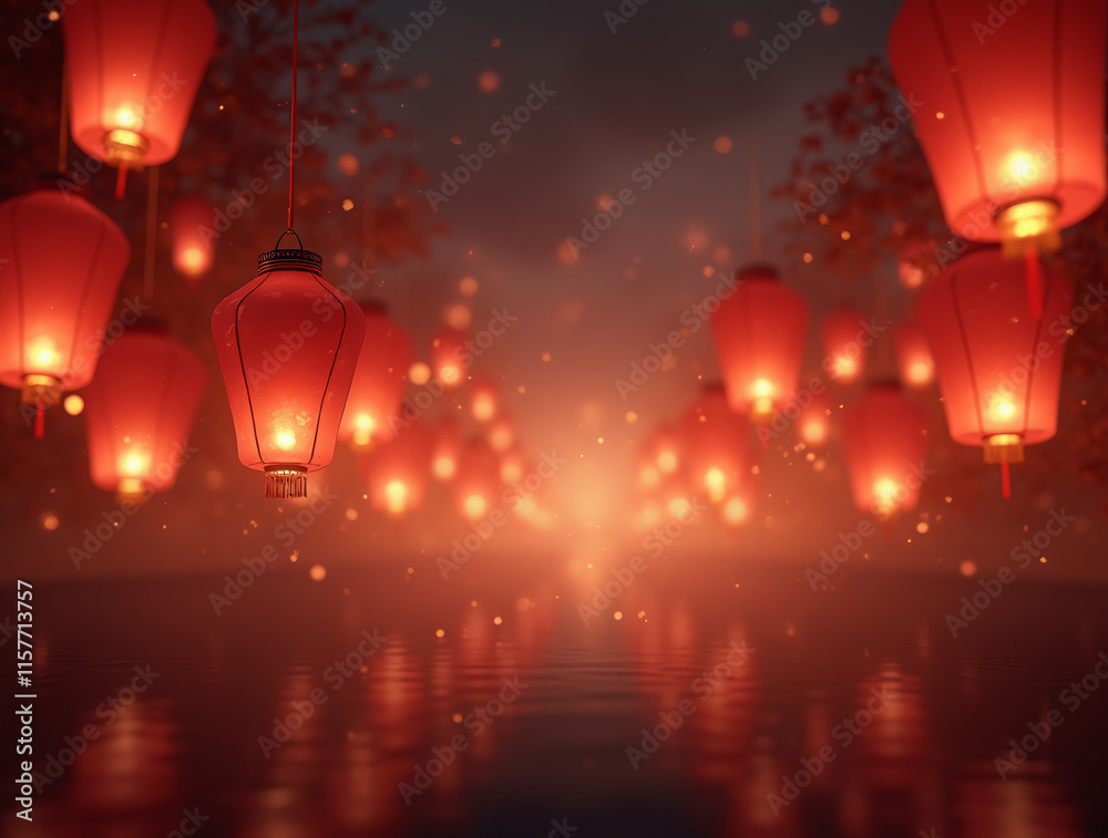 Floating Red Lanterns Illuminating the Night Sky. Chinese New Year Floating Red Lanterns Illuminating the Night Sky. Chinese New Year