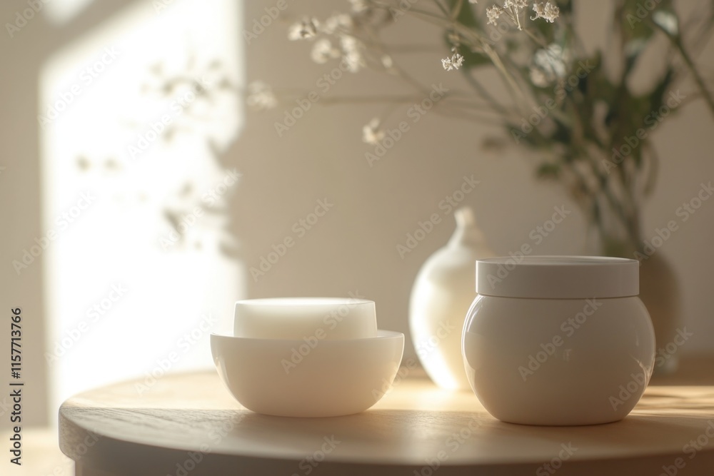 Fresh flowers in a vase sit next to a jar of creamy substance on a table Fresh flowers in a vase sit next to a jar of creamy substance on a table