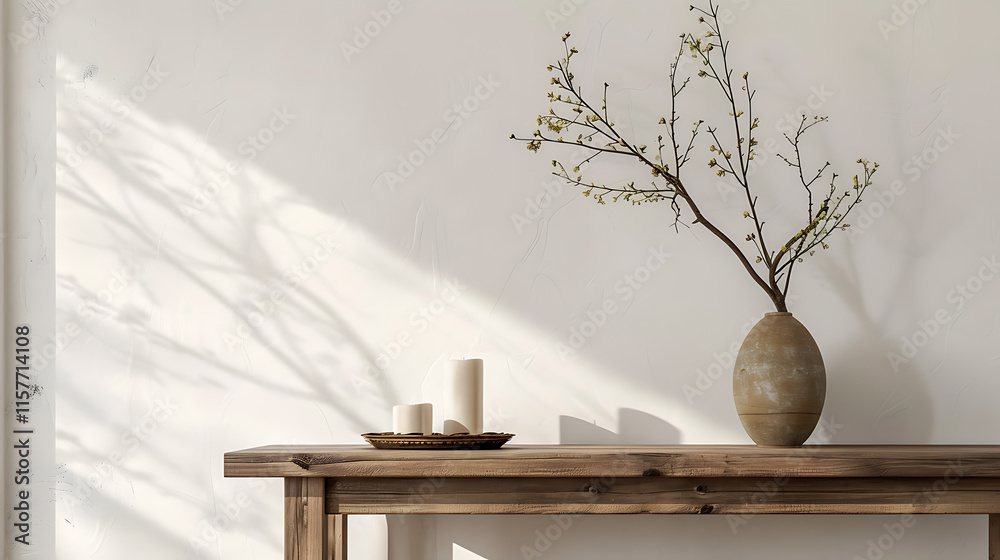 Obraz premium traditional home interior wall mockup with a vase of green twigs and a candle placed on a light brown wooden table against an empty white background, suitable for showcasing minimalist and rustic home