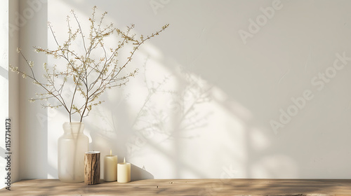 a minimalist interior wall mockup with green twigs in a vase and a burning candle on a light brown wooden table against a white background, ideal for home staging and interior design presentations, a 